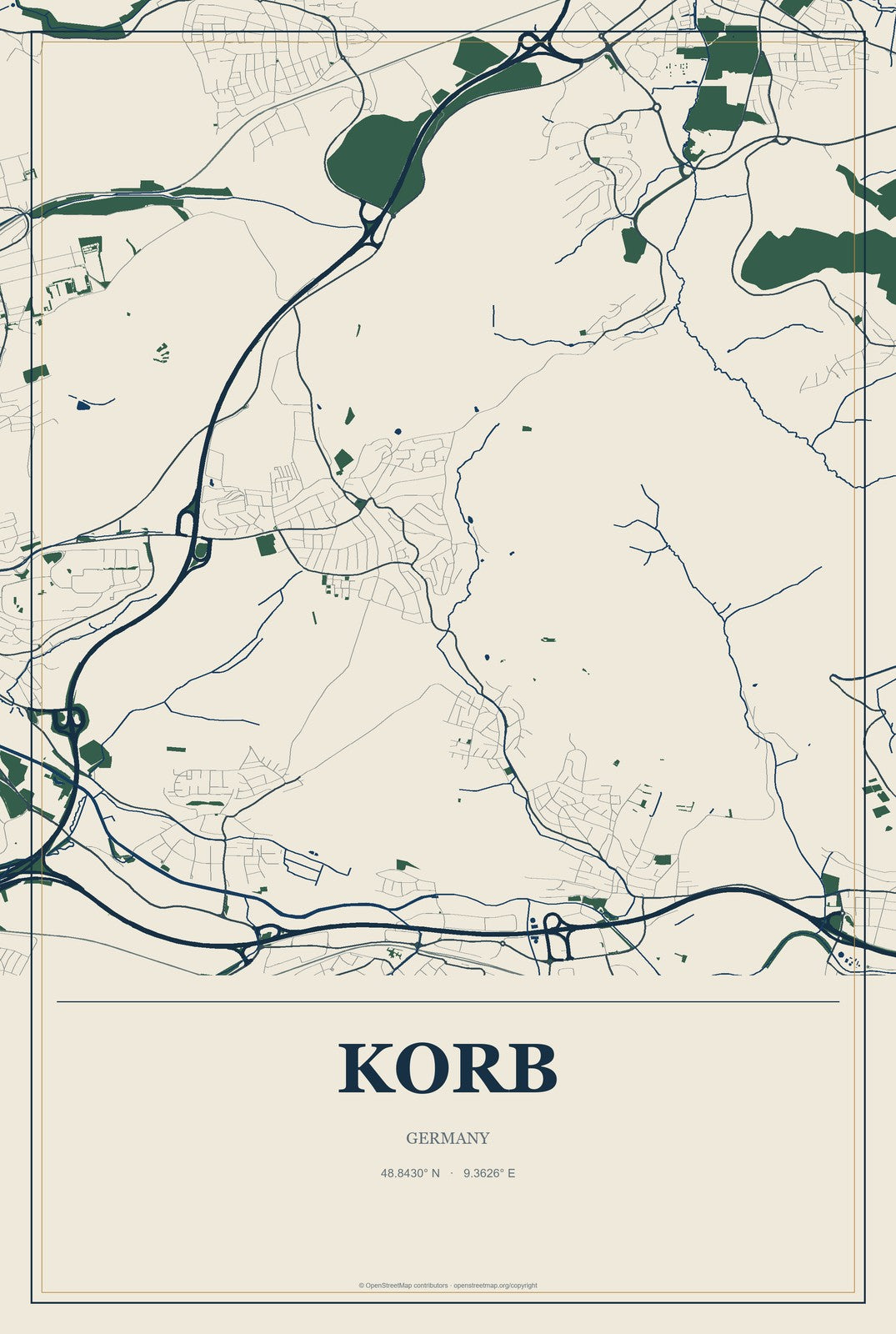 Korb, Germany City Map Aluminum Sign in Coastal Cutout style