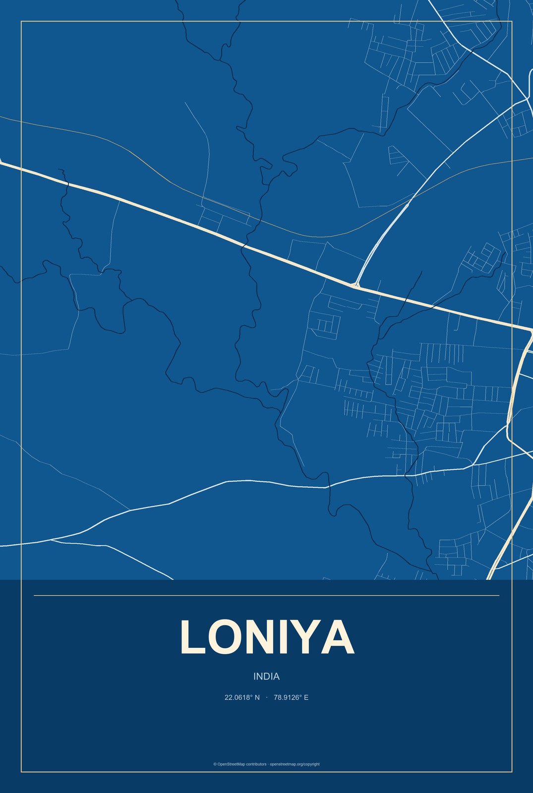 Loniya, India City Map Aluminum Sign in Harbor Cobalt style