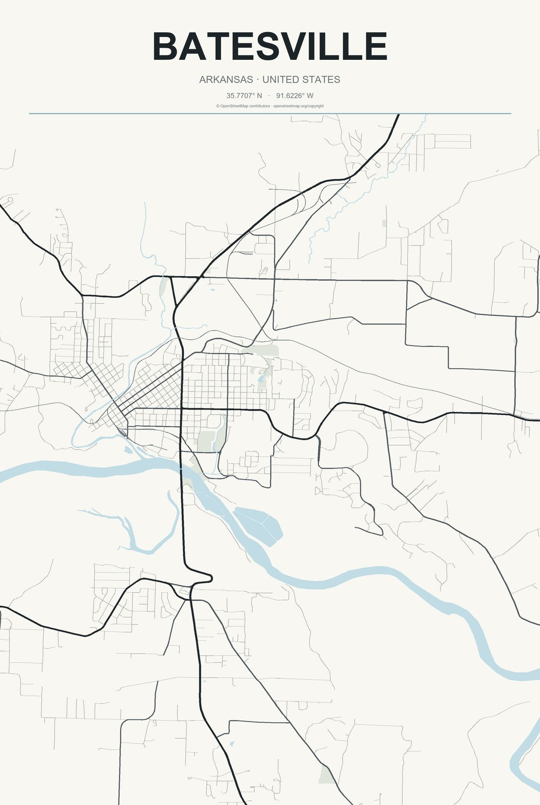 Batesville, Arkansas City Map Aluminum Sign in Headline Atlas style