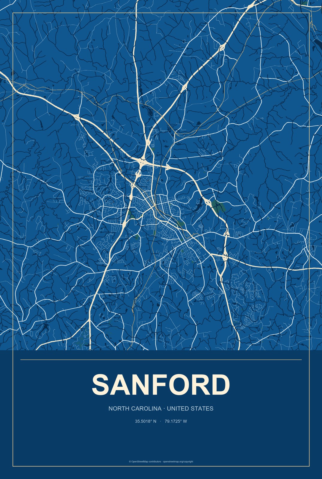 Sanford, North Carolina City Map Aluminum Sign in Harbor Cobalt style