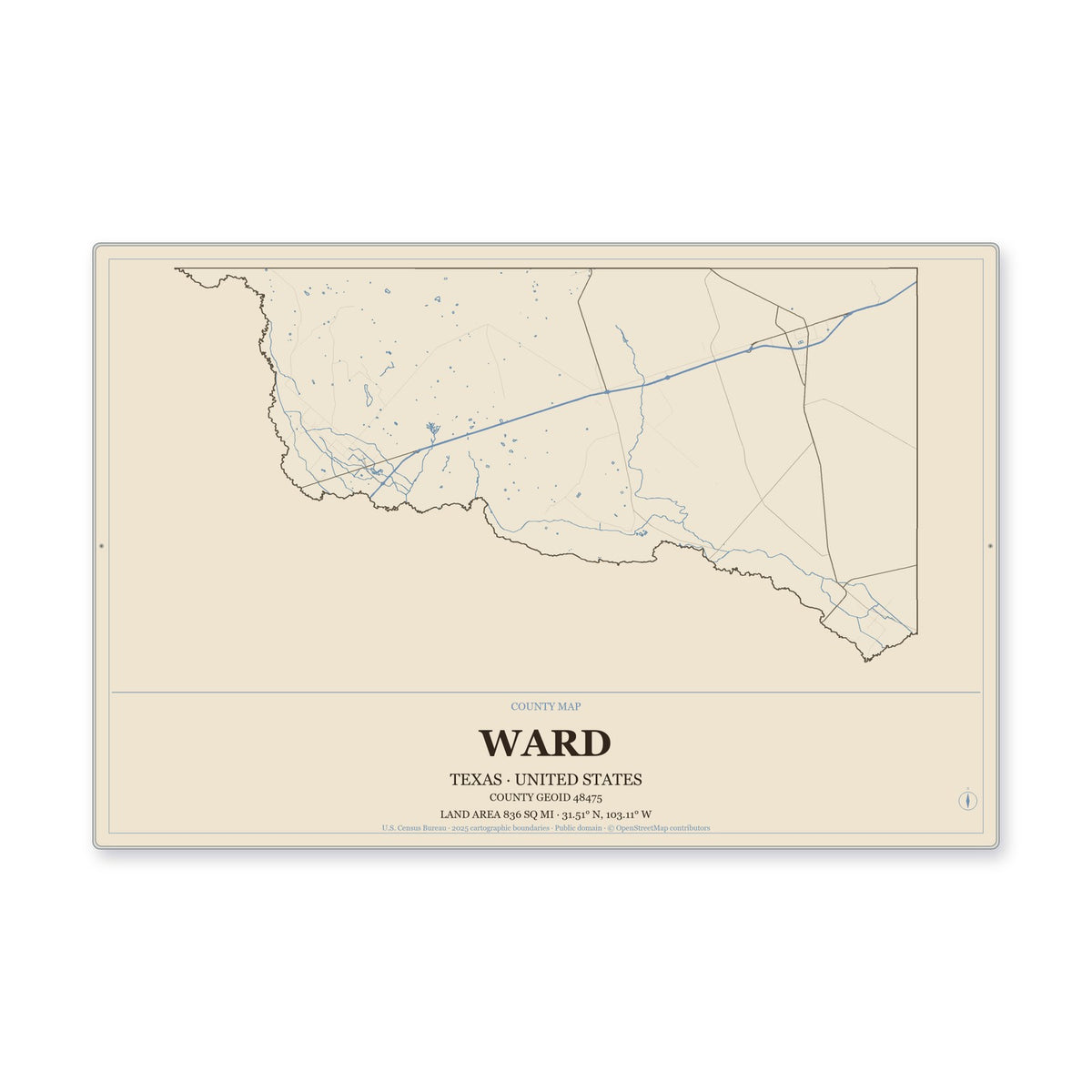 Ward County, Texas Map Aluminum Sign in Heritage Nautical style