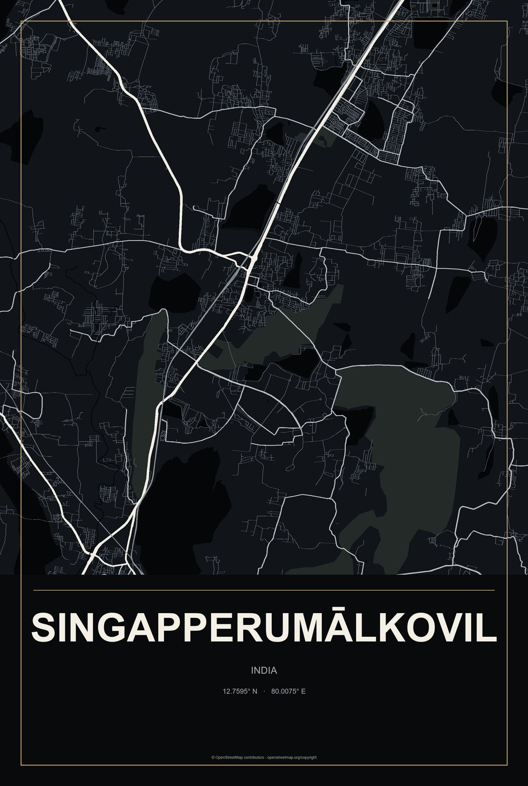 Singapperumālkovil, India City Map Aluminum Sign in Metropolitan Noir style