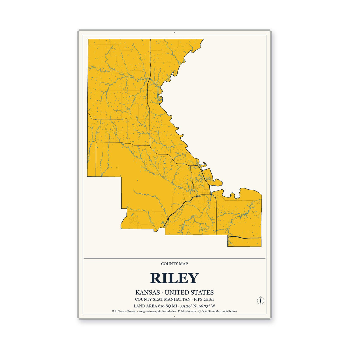 Riley County, Kansas Map Aluminum Sign in Citrine Modern style