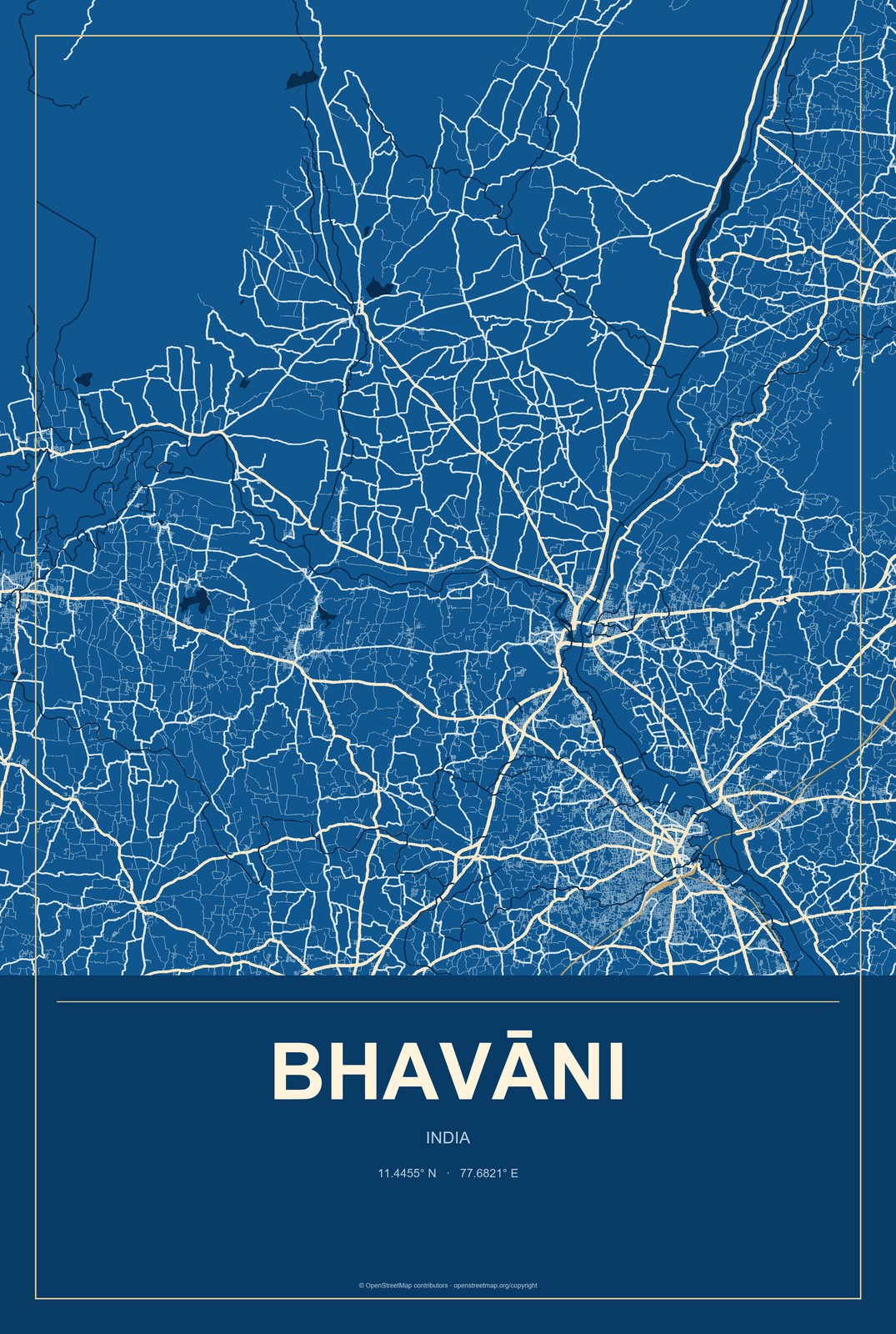 Bhavāni, India City Map Aluminum Sign in Harbor Cobalt style