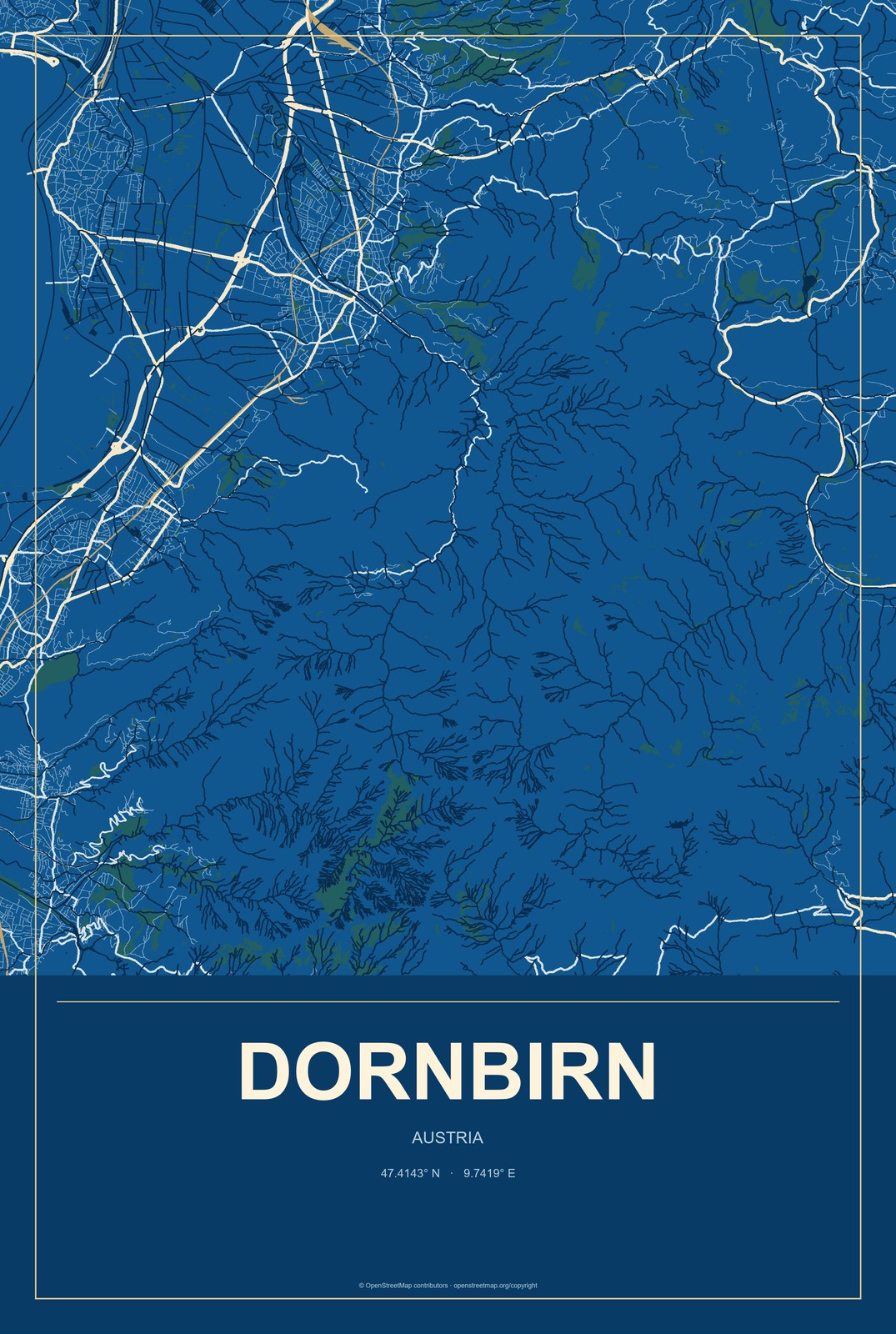 Dornbirn, Austria City Map Aluminum Sign in Harbor Cobalt style