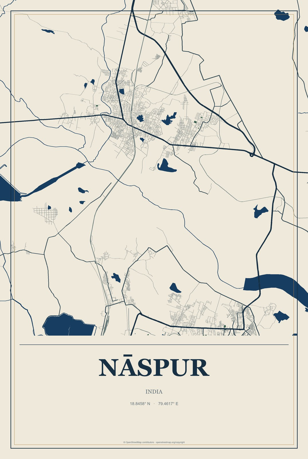 Nāspur, India City Map Aluminum Sign in Coastal Cutout style