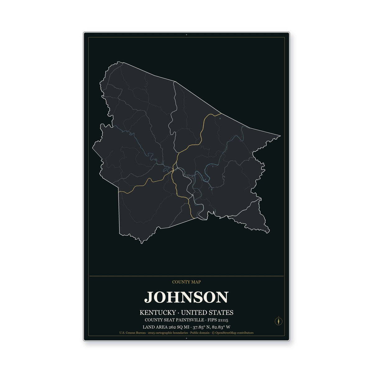 Johnson County, Kentucky Map Aluminum Sign in Metropolitan Noir style