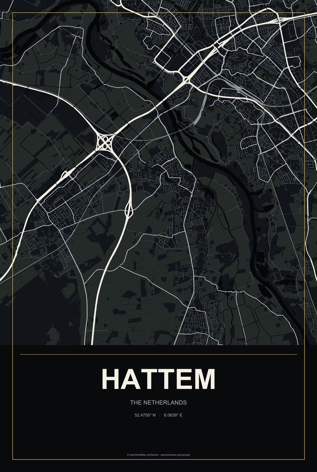 Hattem, The Netherlands City Map Aluminum Sign in Metropolitan Noir style