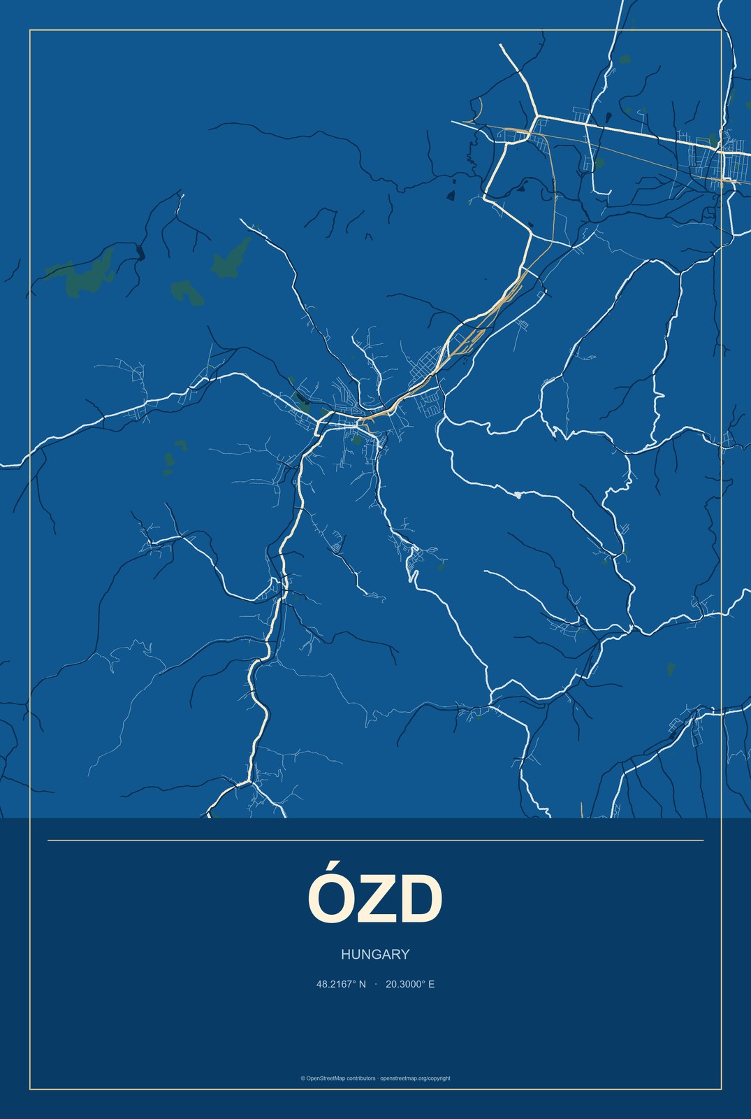 Ózd, Hungary City Map Aluminum Sign in Harbor Cobalt style