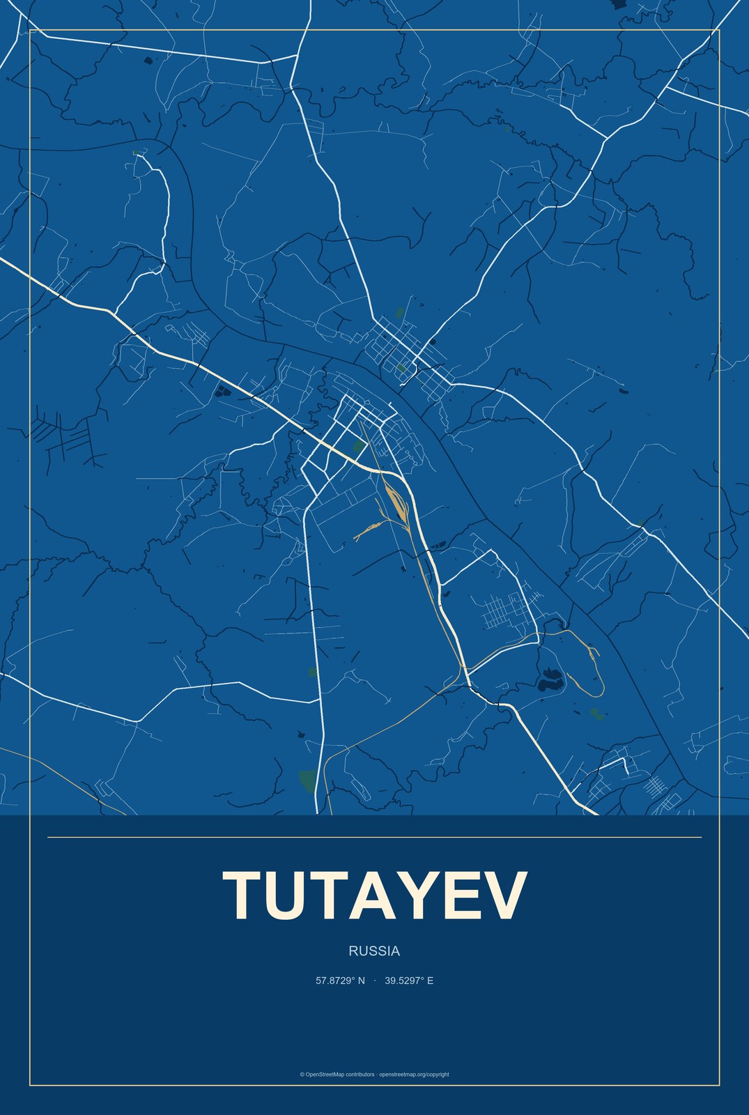 Tutayev, Russia City Map Aluminum Sign in Harbor Cobalt style