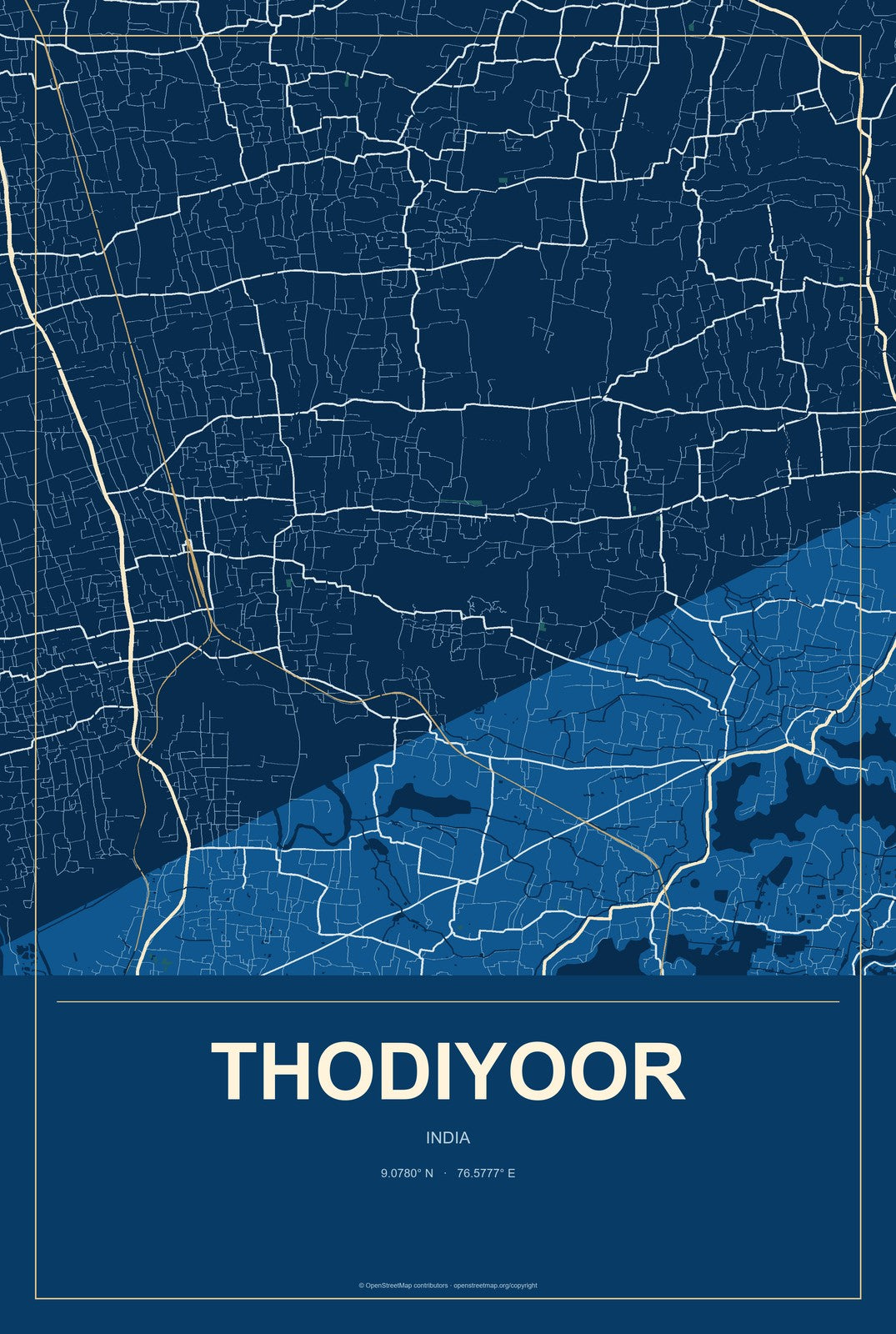 Thodiyoor, India City Map Aluminum Sign in Harbor Cobalt style