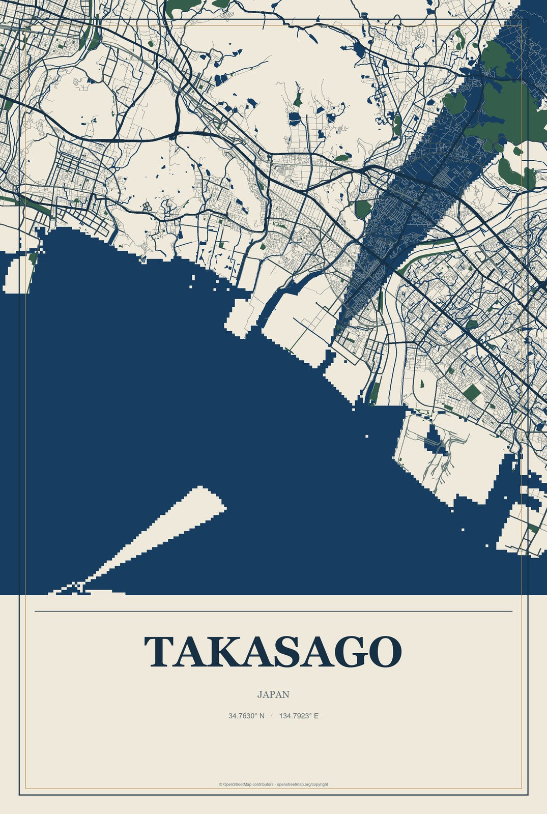 Takasago, Japan City Map Aluminum Sign in Coastal Cutout style