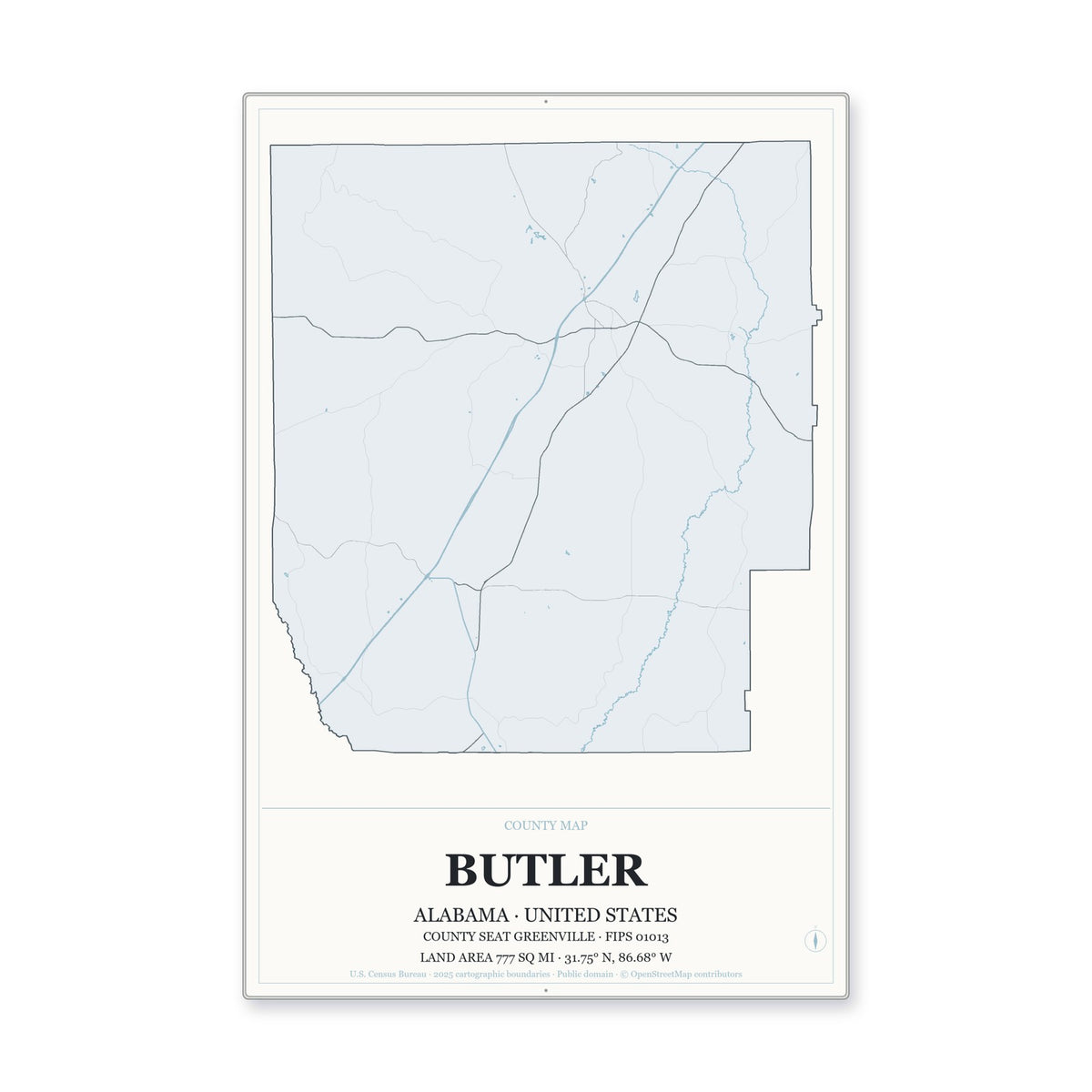 Butler County, Alabama Map Aluminum Sign in Gallery Air style