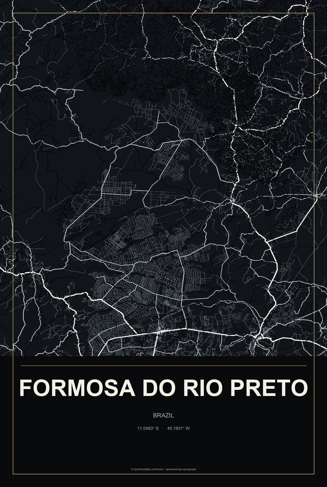 Formosa do Rio Preto, Brazil City Map Aluminum Sign in Metropolitan Noir style