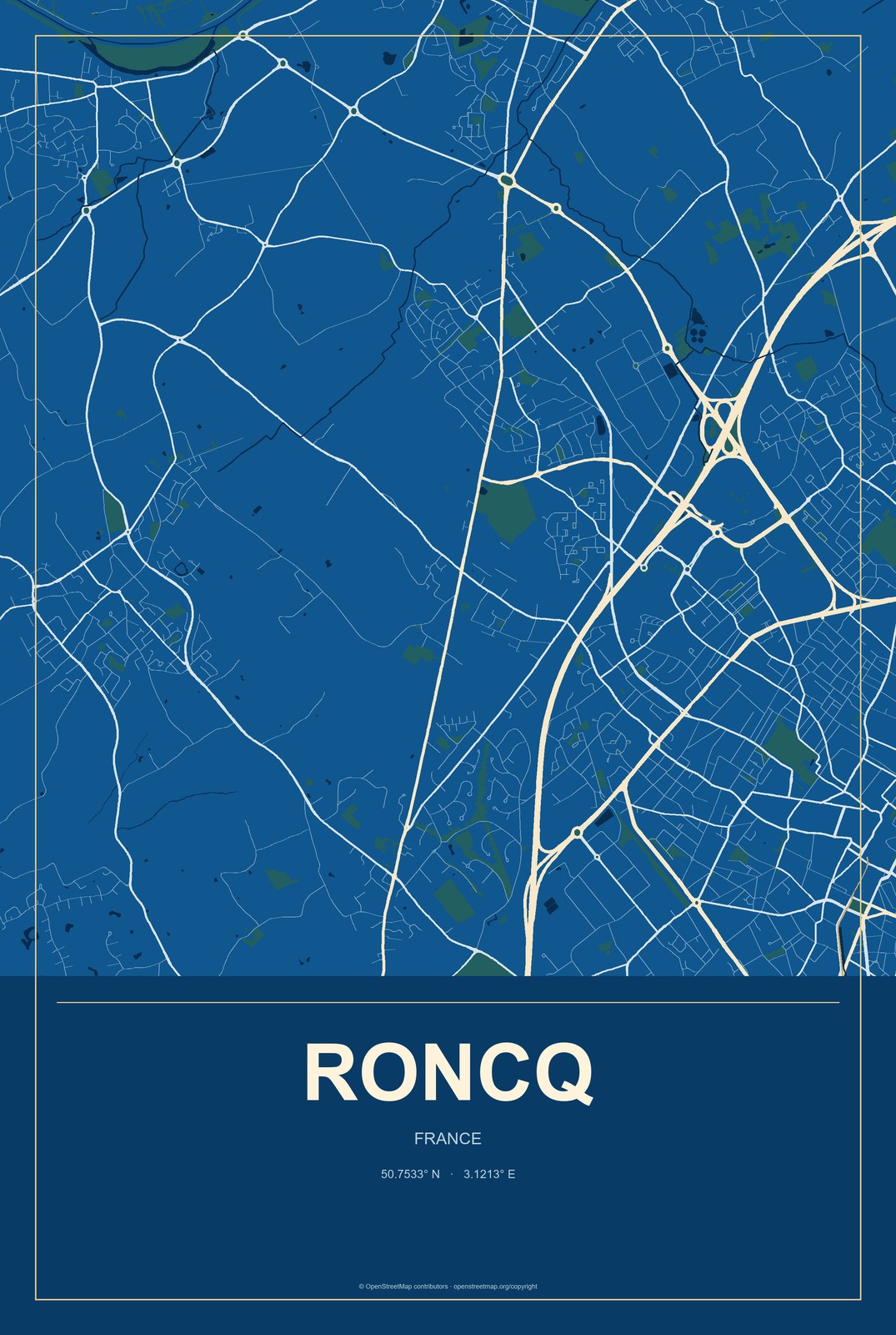 Roncq, France City Map Aluminum Sign in Harbor Cobalt style