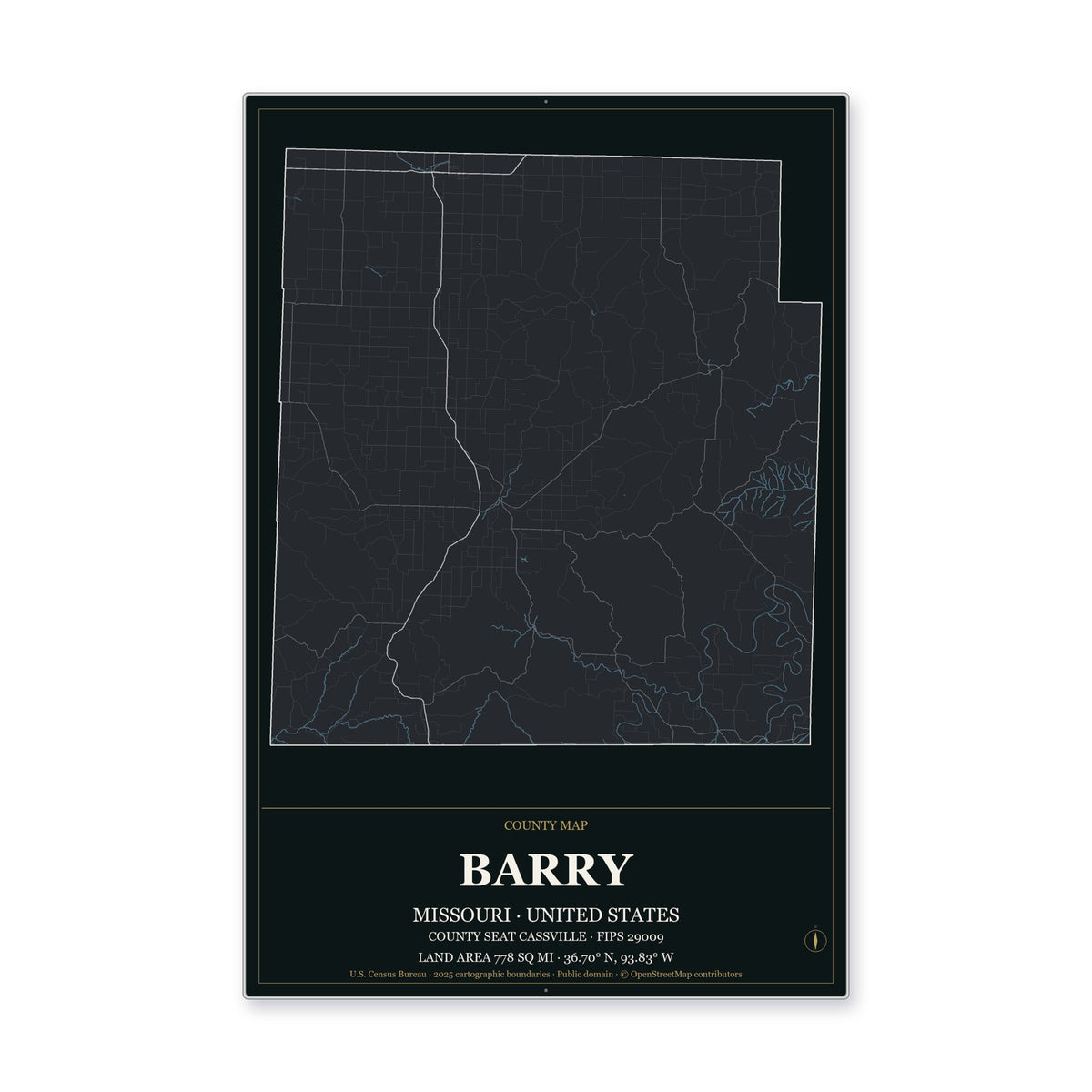 Barry County, Missouri Map Aluminum Sign in Metropolitan Noir style