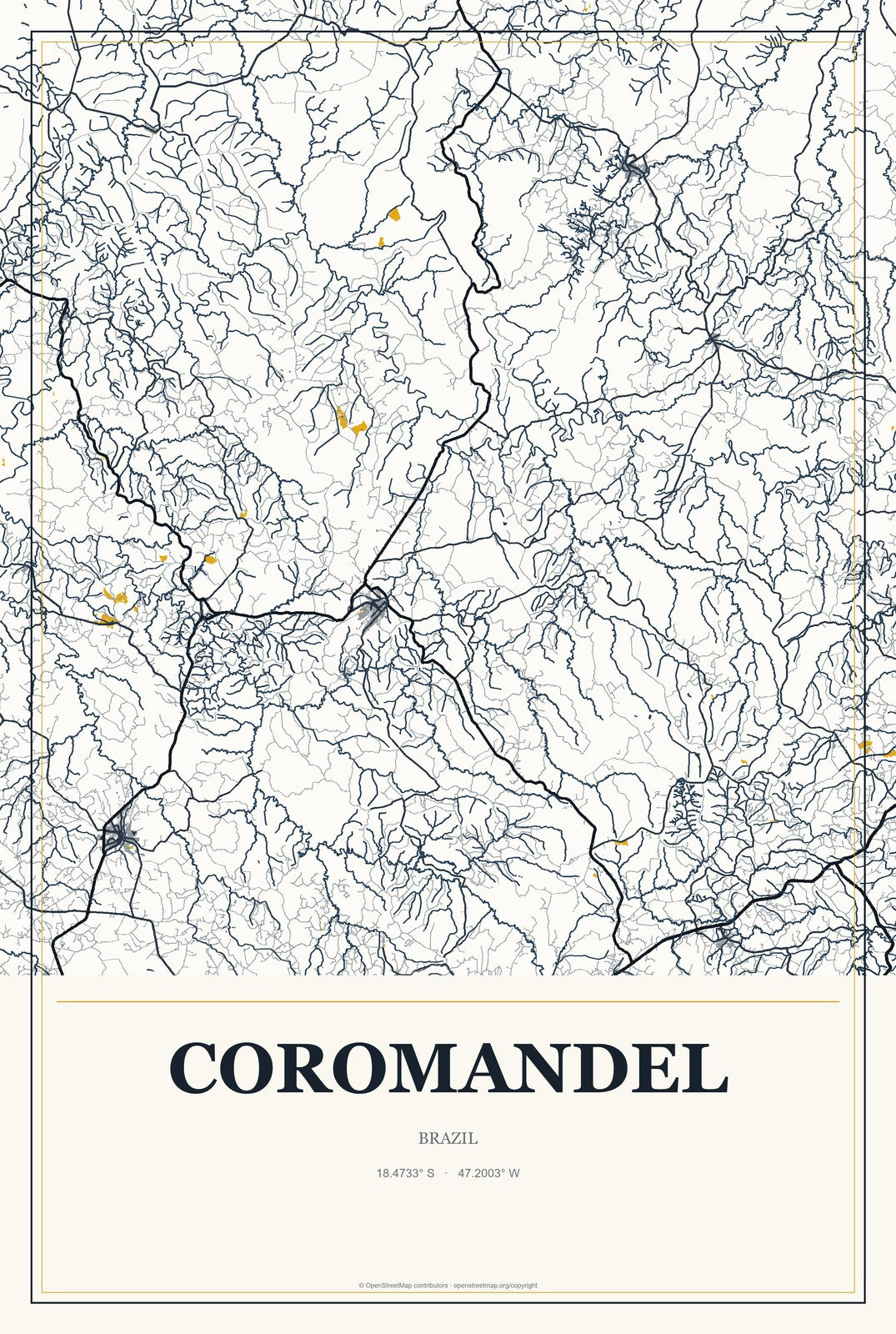 Coromandel, Brazil City Map Aluminum Sign in Citrine Modern style