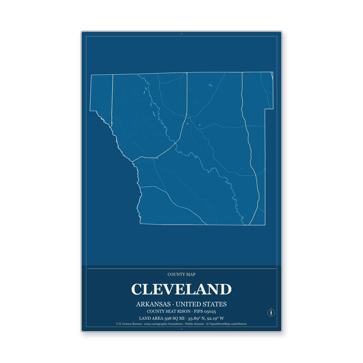 Cleveland County, Arkansas Map Aluminum Sign in Harbor Cobalt style
