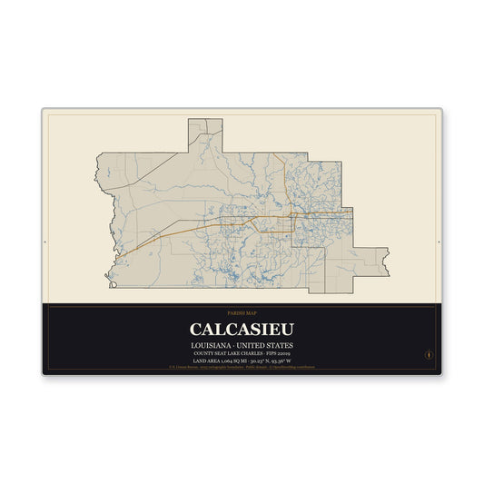 Calcasieu Parish, Louisiana Map Aluminum Sign in Museum Plaque style