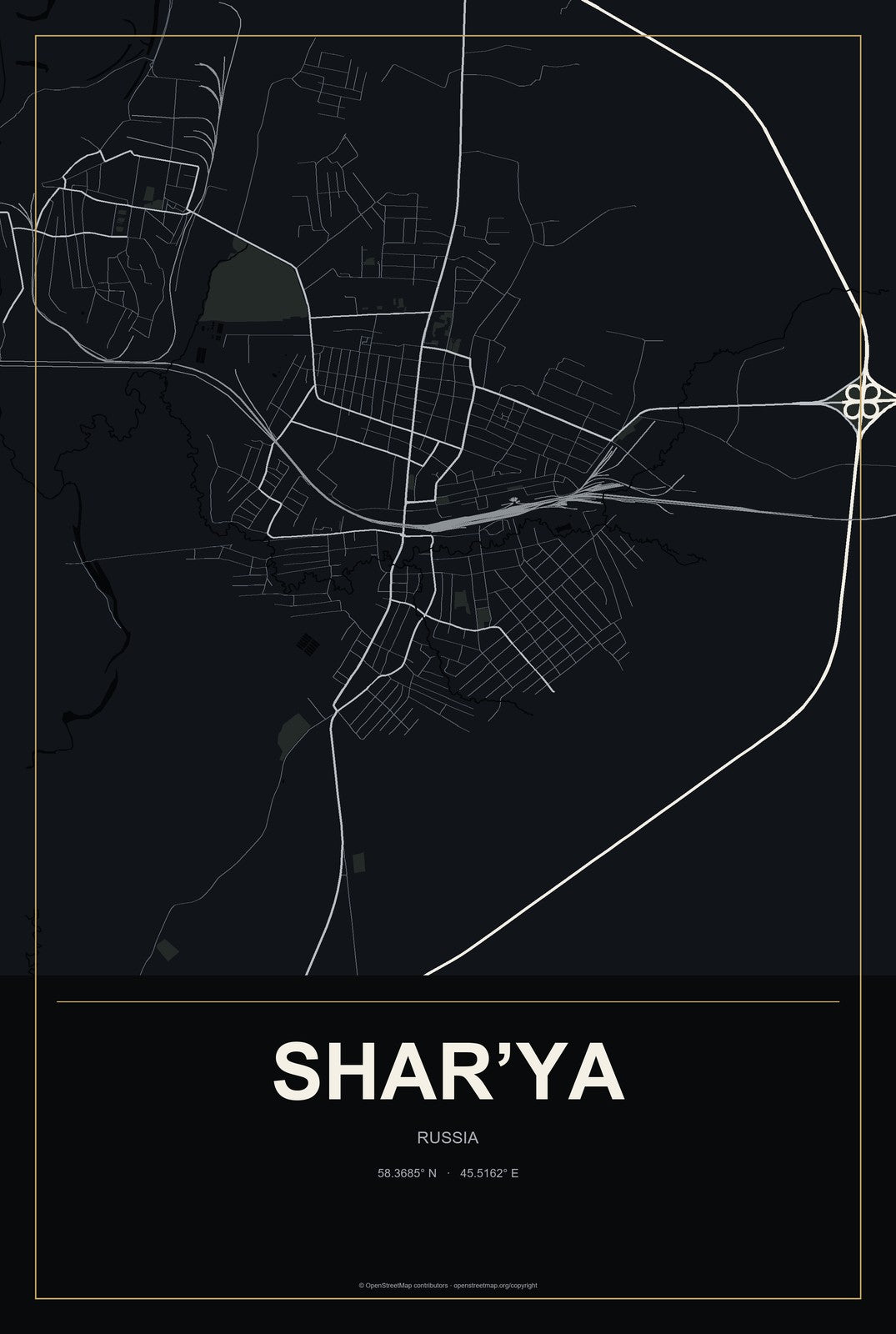 Shar’ya, Russia City Map Aluminum Sign in Metropolitan Noir style