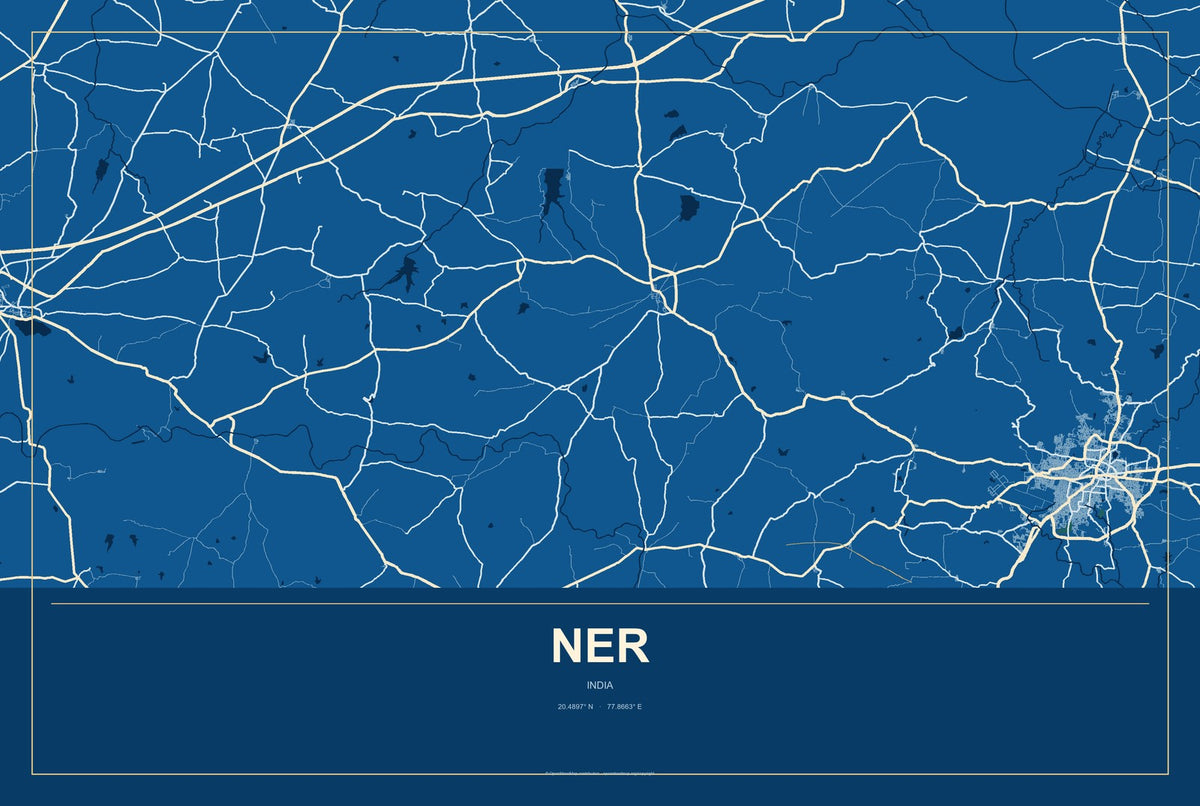 Ner, India City Map Aluminum Sign in Harbor Cobalt style