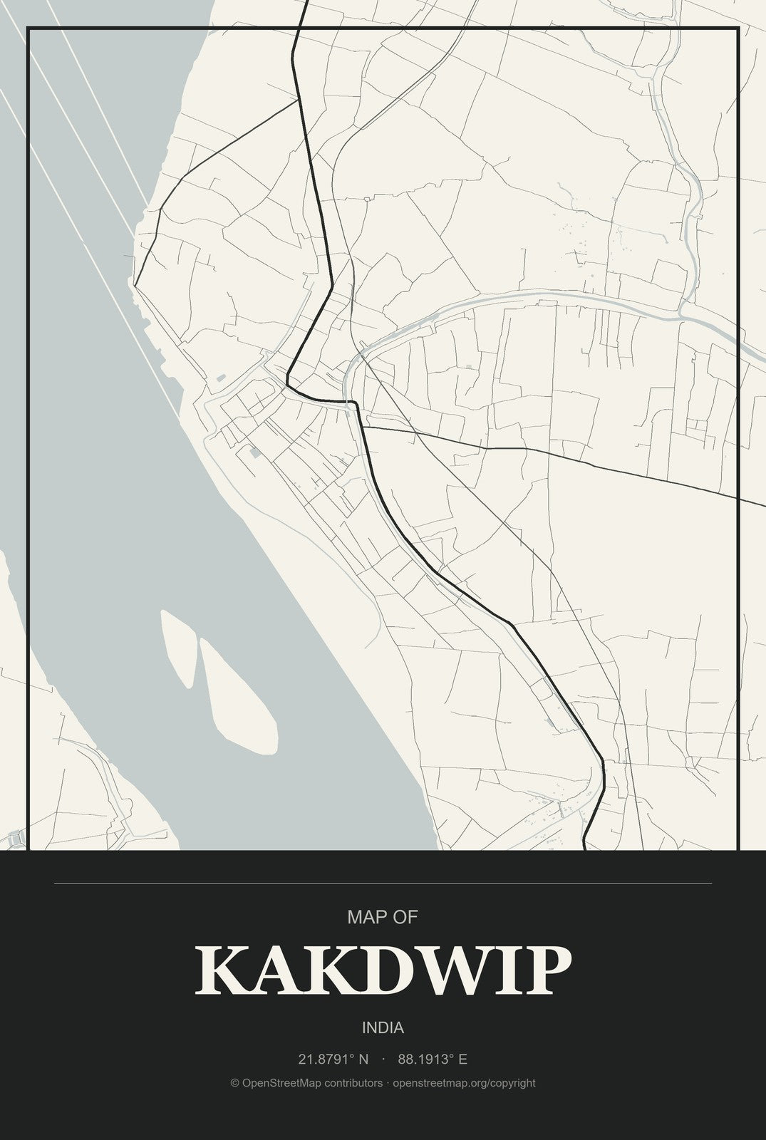 Kakdwip, India City Map Aluminum Sign in Museum Plaque style