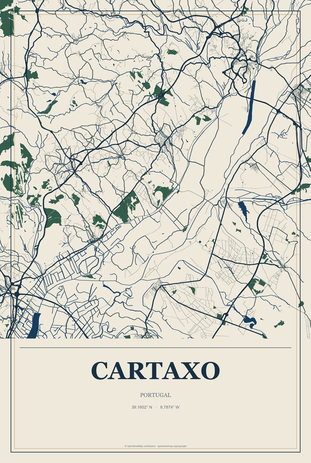 Cartaxo, Portugal City Map Aluminum Sign in Coastal Cutout style
