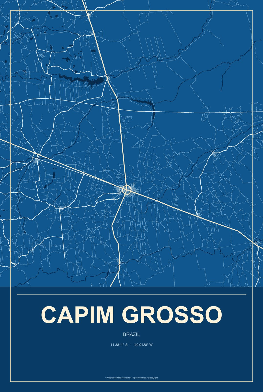 Capim Grosso, Brazil City Map Aluminum Sign in Harbor Cobalt style