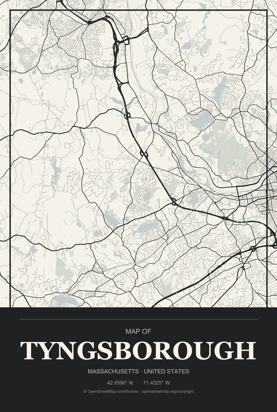 Tyngsborough, Massachusetts City Map Aluminum Sign in Museum Plaque style