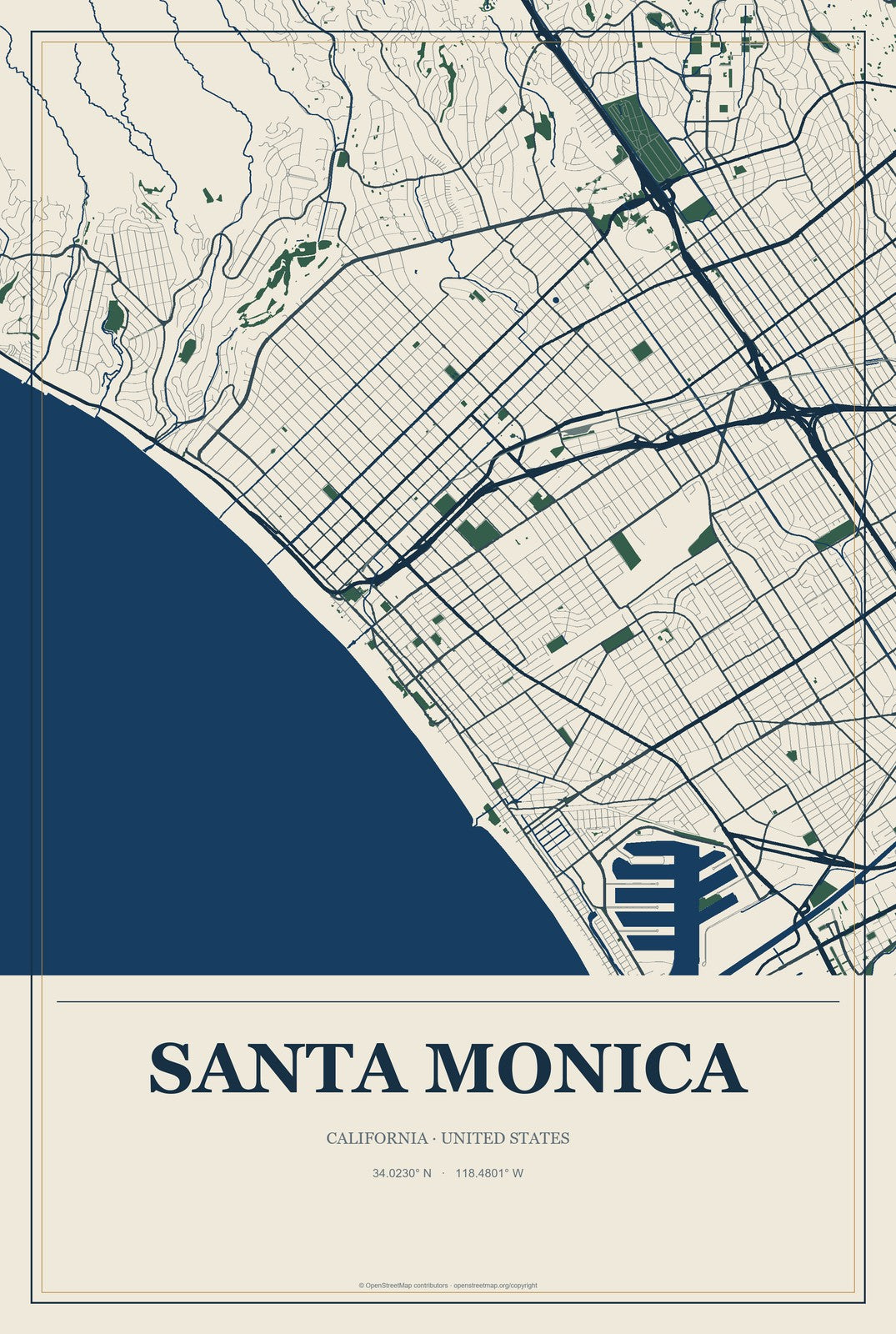 Santa Monica, California City Map Aluminum Sign in Coastal Cutout style