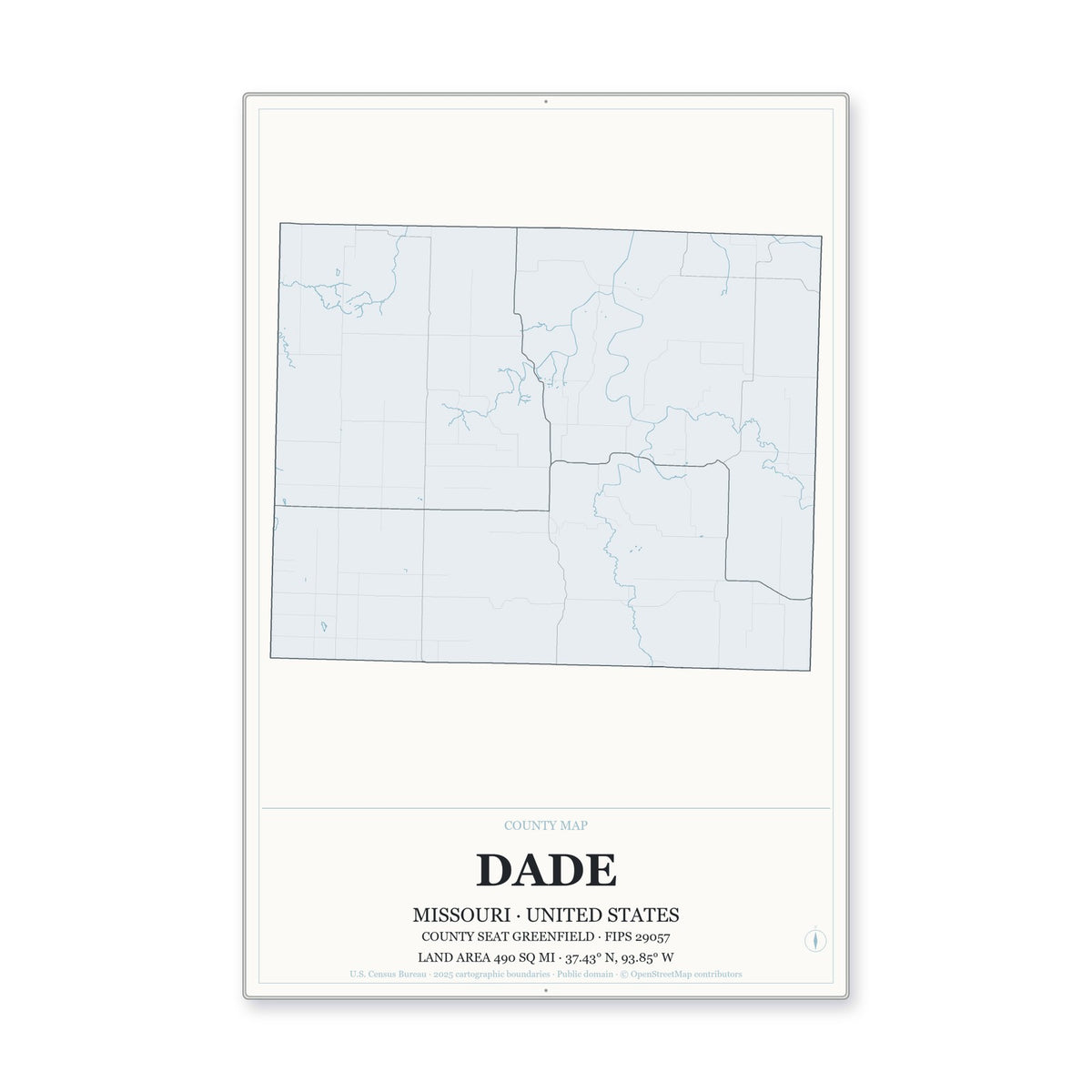 Dade County, Missouri Map Aluminum Sign in Gallery Air style
