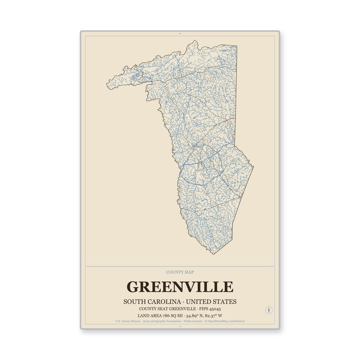 Greenville County, South Carolina Map Aluminum Sign in Heritage Nautical style