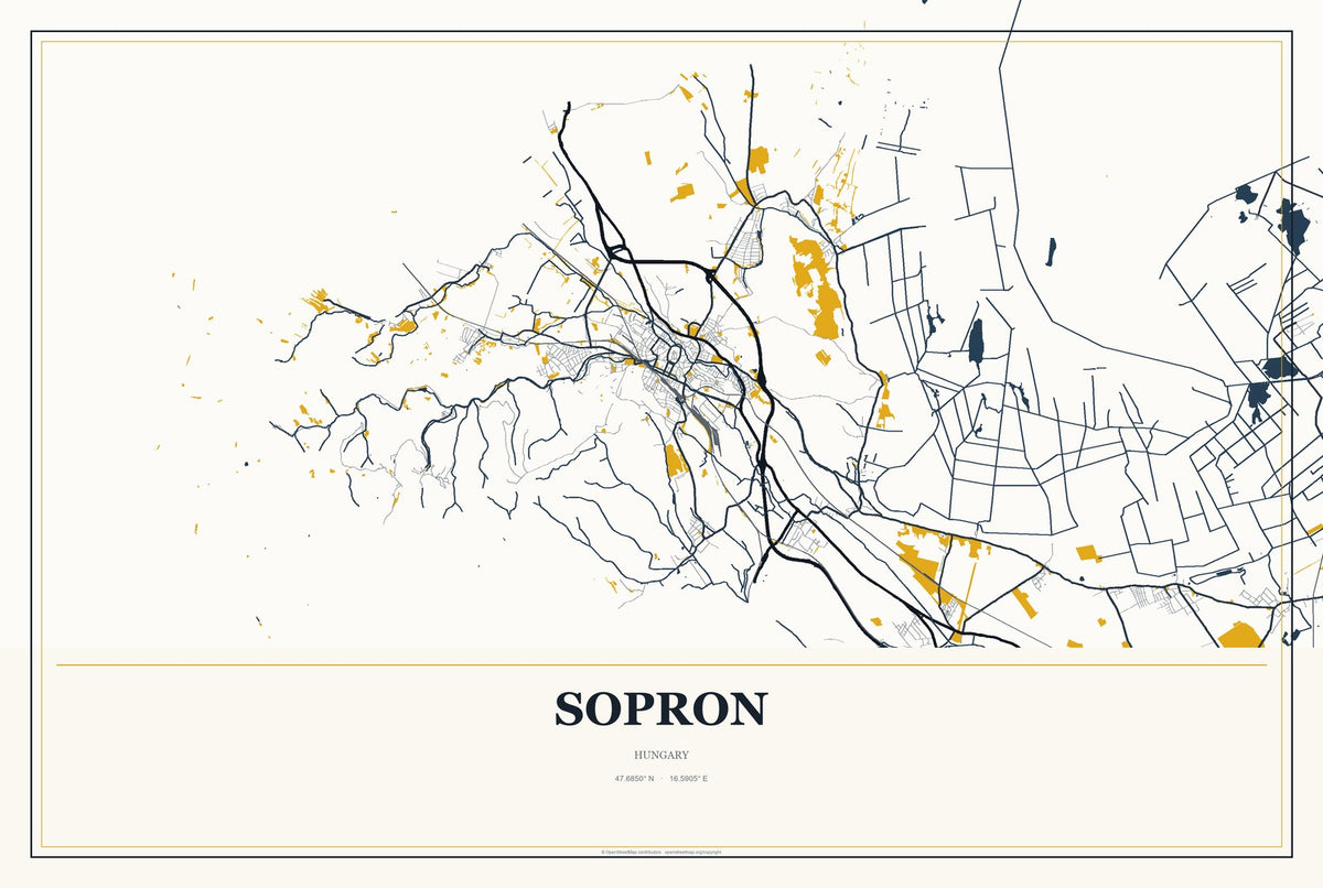 Sopron, Hungary City Map Aluminum Sign in Citrine Modern style