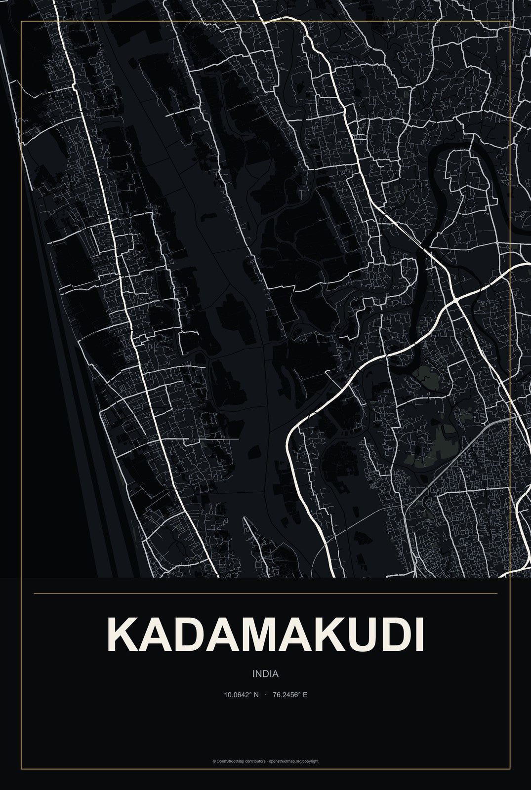 Kadamakudi, India City Map Aluminum Sign in Metropolitan Noir style