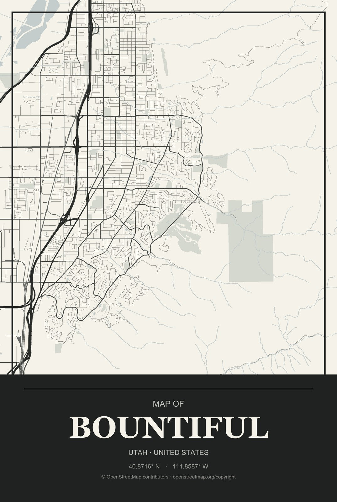 Bountiful, Utah City Map Aluminum Sign in Museum Plaque style