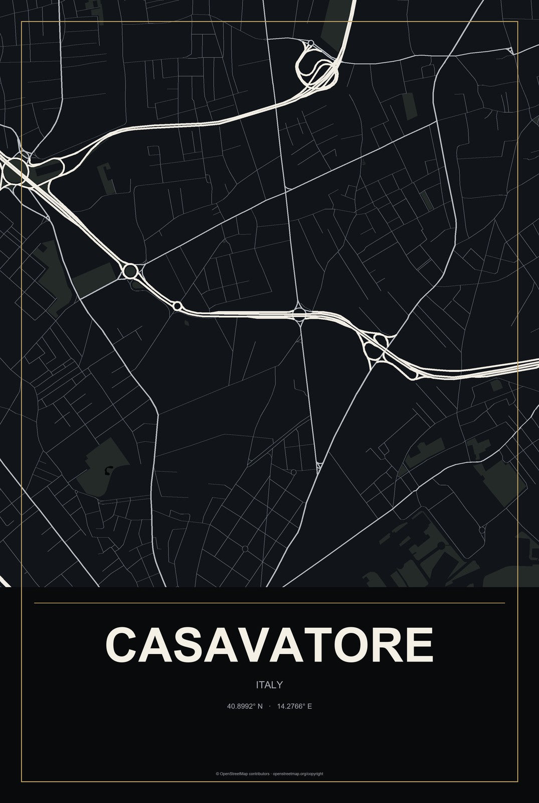 Casavatore, Italy City Map Aluminum Sign in Metropolitan Noir style