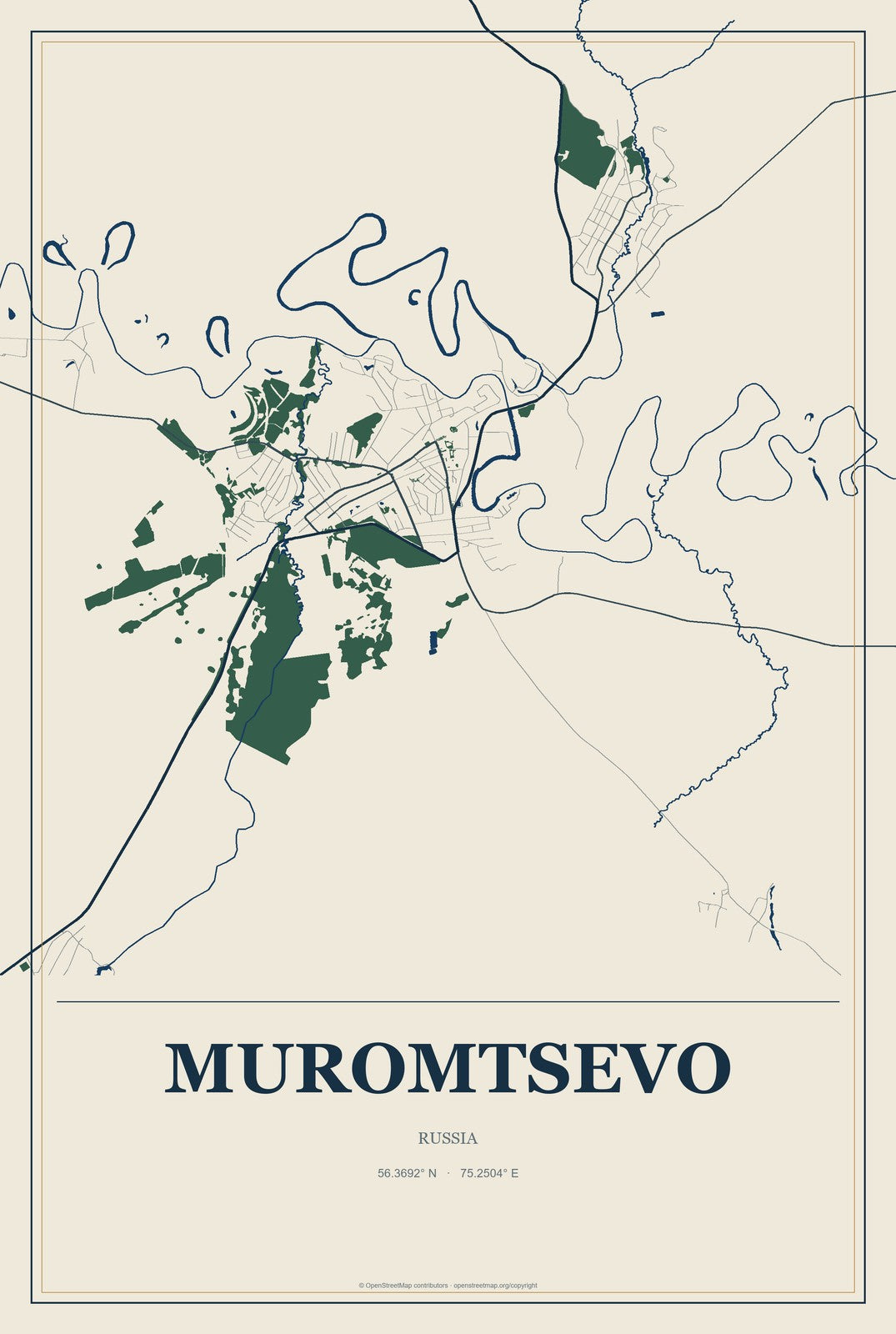 Muromtsevo, Russia City Map Aluminum Sign in Coastal Cutout style