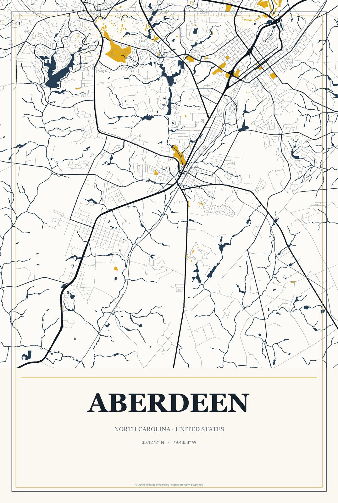 Aberdeen, North Carolina City Map Aluminum Sign in Citrine Modern style