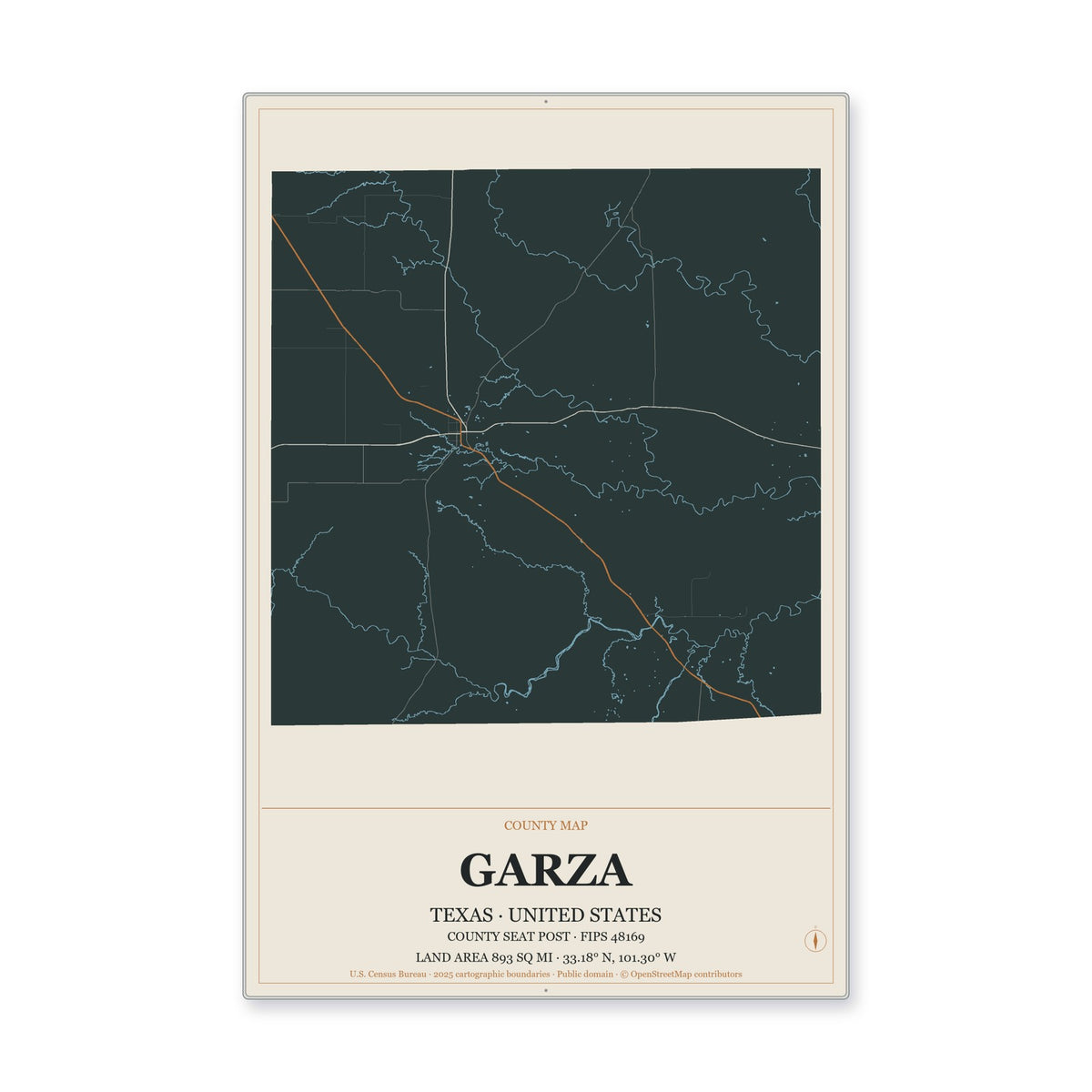 Garza County, Texas Map Aluminum Sign in Headline Atlas style