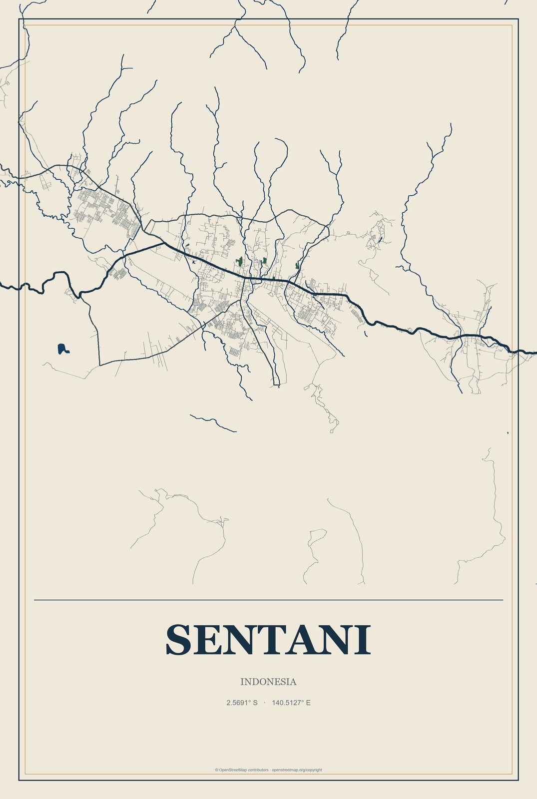 Sentani, Indonesia City Map Aluminum Sign in Coastal Cutout style