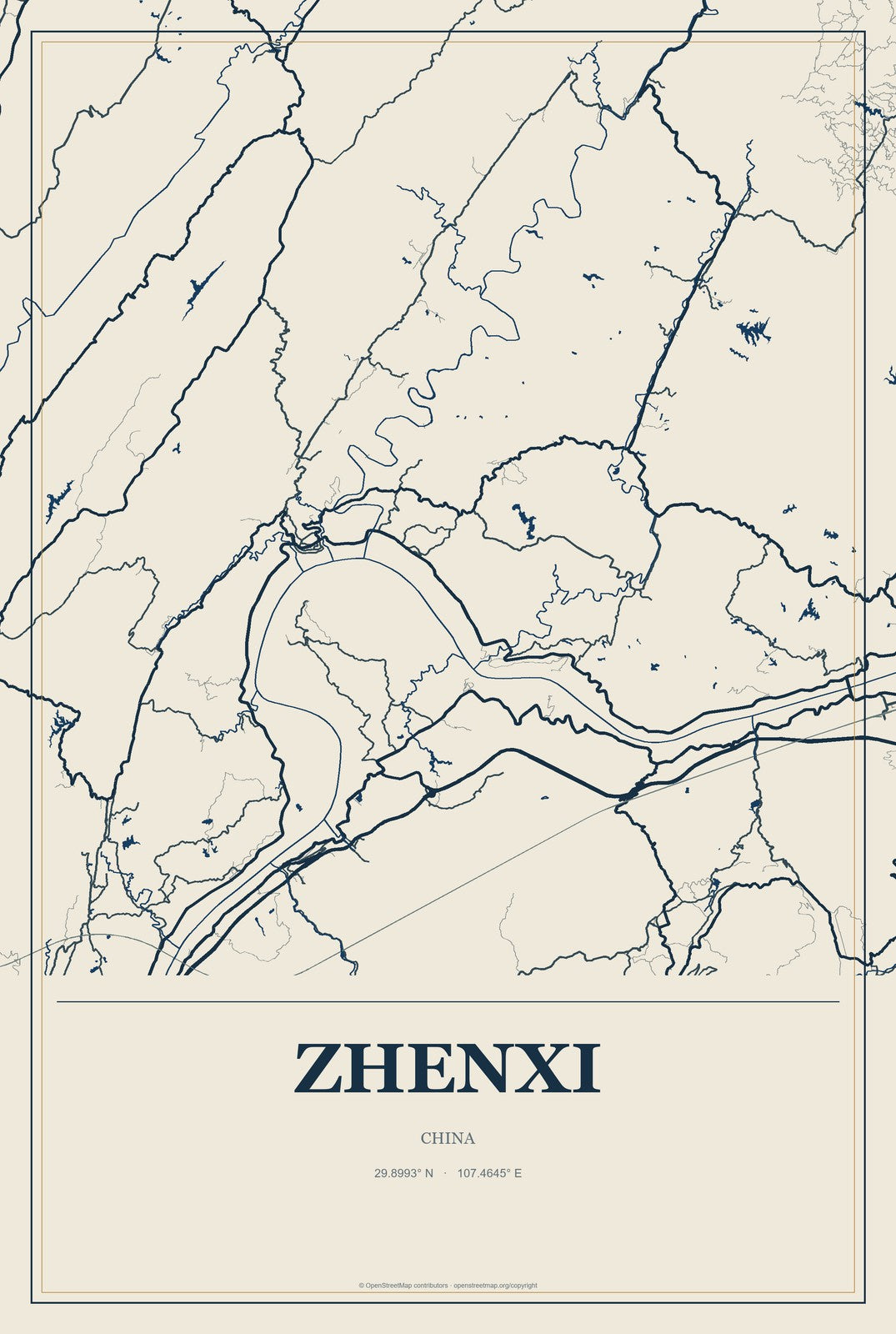 Zhenxi, China City Map Aluminum Sign in Coastal Cutout style