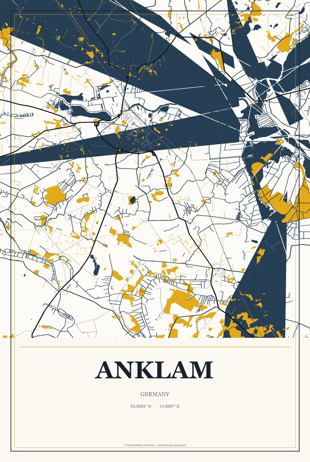 Anklam, Germany City Map Aluminum Sign in Citrine Modern style