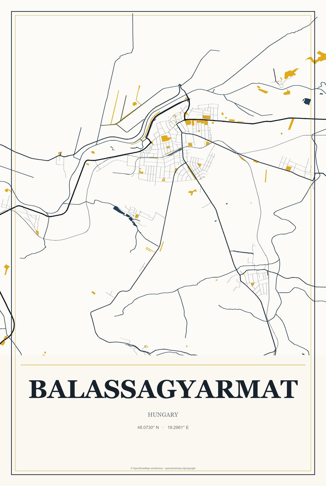 Balassagyarmat, Hungary City Map Aluminum Sign in Citrine Modern style
