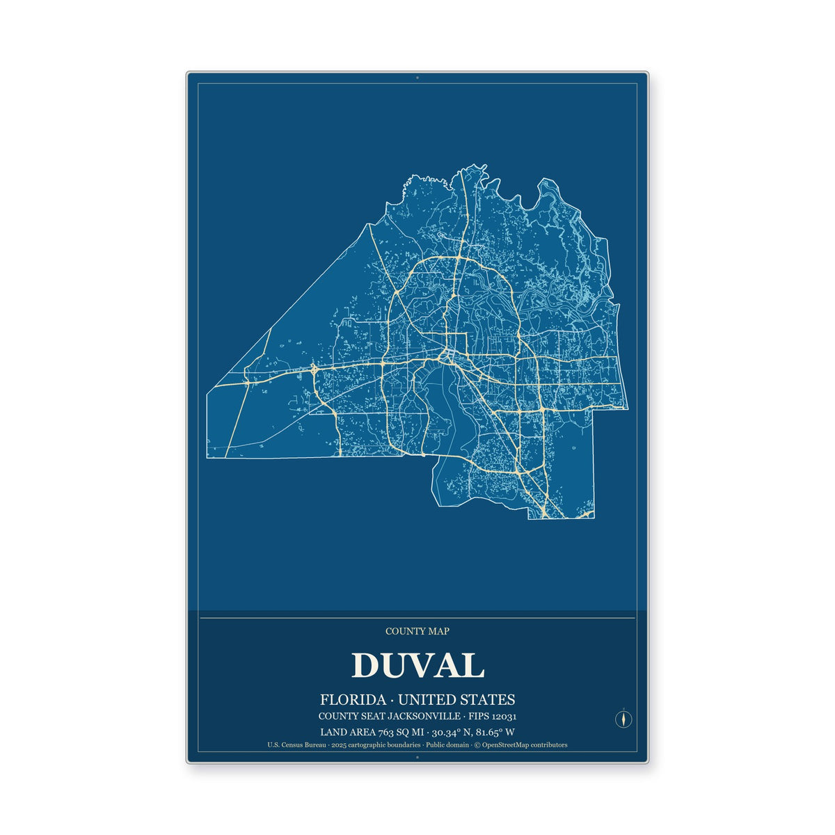 Duval County, Florida Map Aluminum Sign in Harbor Cobalt style