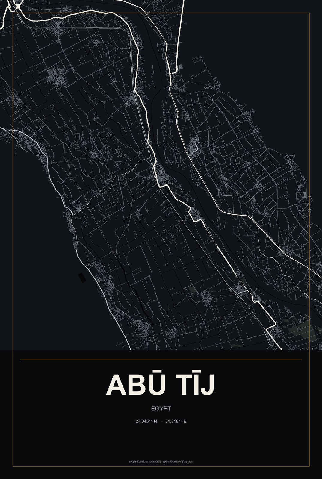 Abū Tīj, Egypt City Map Aluminum Sign in Metropolitan Noir style