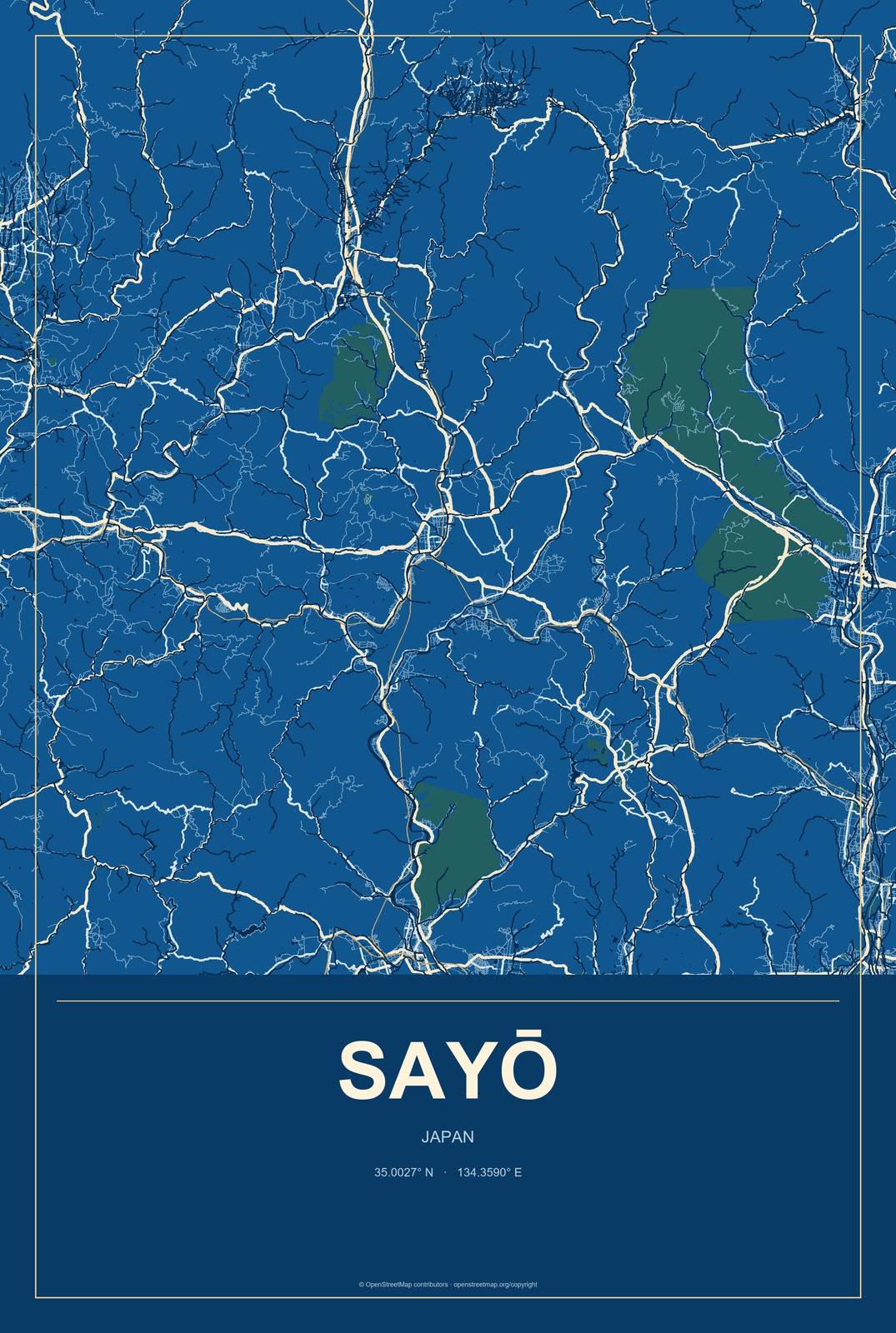 Sayō, Japan City Map Aluminum Sign in Harbor Cobalt style