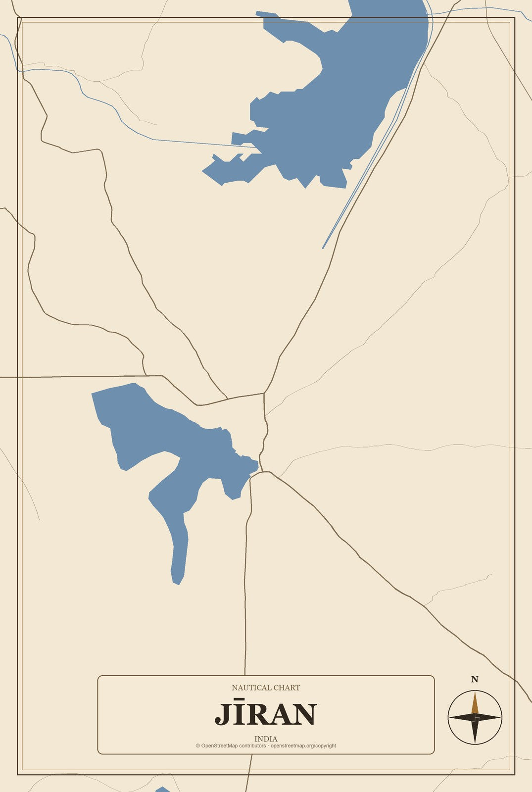 Jīran, India City Map Aluminum Sign in Heritage Nautical style