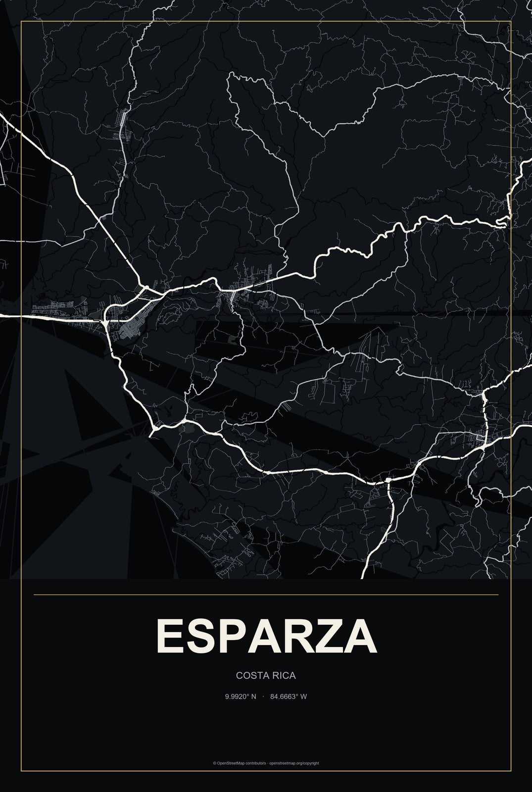 Esparza, Costa Rica City Map Aluminum Sign in Metropolitan Noir style