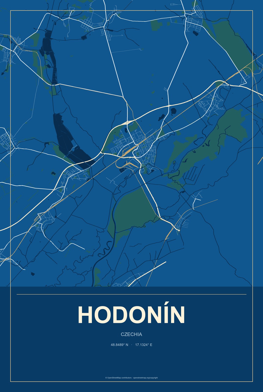 Hodonín, Czechia City Map Aluminum Sign in Harbor Cobalt style