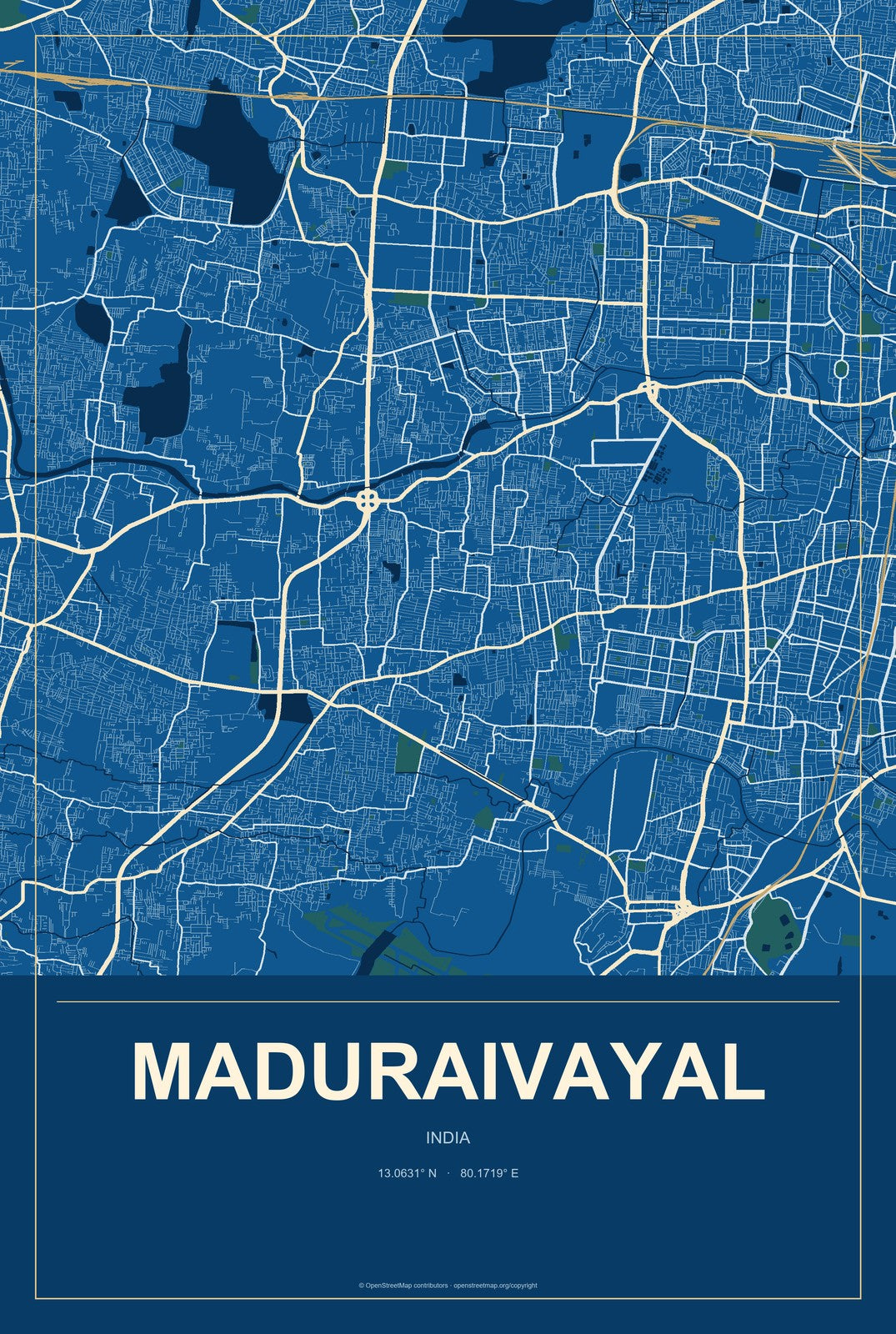 Maduraivayal, India City Map Aluminum Sign in Harbor Cobalt style